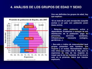 4. ANÁLISIS DE LOS GRUPOS DE EDAD Y SEXO
MAYORES
ADULTOS
JÓVENES
Una vez definidos los grupos de edad, hay
que explicar:
•Si se trata de un país envejecido (cúspide
ancha) o un país con población joven
(base ancha).
• Relación entre población activa y
dependiente. Problemas o ventajas de esa
distribución de la población: pago de
pensiones, servicios sanitarios,
infraestructura necesaria (colegios,
geriátricos...).
• Sex-ratio o índice de masculinidad (qué
grupos presentan más hombres que
mujeres y al revés). Normalmente nacen
más niños que niñas (105 A 100), pero la
esperanza de vida de las mujeres es
mayor que la de los hombres. Si no ocurre
esto en la pirámide habrá que intentar
explicarlo.
 