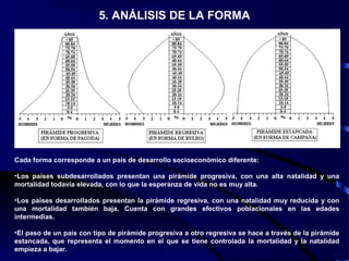 5. ANÁLISIS DE LA FORMA
Cada forma corresponde a un país de desarrollo socioeconómico diferente:
•Los países subdesarrollados presentan una pirámide progresiva, con una alta natalidad y una
mortalidad todavía elevada, con lo que la esperanza de vida no es muy alta.
•Los países desarrollados presentan la pirámide regresiva, con una natalidad muy reducida y con
una mortalidad también baja. Cuenta con grandes efectivos poblacionales en las edades
intermedias.
•El paso de un país con tipo de pirámide progresiva a otro regresiva se hace a través de la pirámide
estancada, que representa el momento en el que se tiene controlada la mortalidad y la natalidad
empieza a bajar.
 