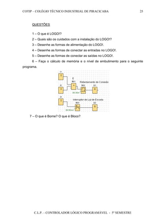 COTIP – COLÉGIO TÉCNICO INDUSTRIAL DE PIRACICABA
C.L.P. – CONTROLADOR LÓGICO PROGRAMÁVEL - 5º SEMESTRE
25
QUESTÕES
1 – O que é LOGO!?
2 – Quais são os cuidados com a instalação do LOGO!?
3 – Desenhe as formas de alimentação do LOGO!.
4 – Desenhe as formas de conectar as entradas no LOGO!.
5 – Desenhe as formas de conectar as saídas no LOGO!.
6 – Faça o cálculo de memória e o nível de embutimento para o seguinte
programa.
7 – O que é Borne? O que é Bloco?
 