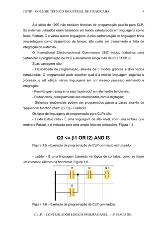 COTIP – COLÉGIO TÉCNICO INDUSTRIAL DE PIRACICABA
C.L.P. – CONTROLADOR LÓGICO PROGRAMÁVEL - 5º SEMESTRE
5
Até início de 1990 não existiam técnicas de programação padrão para CLP.
Os sistemas utilizados eram baseados em textos estruturados em linguagens como
Basic, Fortran, C e várias outras linguagens. A não padronização de linguagem tinha
desvantagens como desperdício de tempo, alto custo em treinamento e falta de
integração de sistemas.
O International Electro-technical Commission (IEC) iniciou trabalhos para
padronizar a programação de PLC e atualmente lança mão da IEC 61131-3.
Suas vantagens são:
- Flexibilidade de programação, através de 3 modos gráficos e dois textos
estruturados. O programador pode escolher qual é a melhor linguagem segundo o
processo, e até utilizar várias linguagens em um mesmo processo mantendo a
integração;
- Permite que o programa seja “quebrado” em elementos funcionais;
- Reduz erros, principalmente aos relacionados com a digitação;
- Sistemas seqüenciais podem ser programados passo a passo através de
“sequencial function chart” (SFC) – Grafecet.
Os tipos de linguagens de programação para CLPs são:
- Texto Estruturado - É uma linguagem de alto nível, com uma sintaxe que
lembra o Pascal, e é indicada para uma ampla faixa de aplicações. Figura 1.5.
Figura 1.5 – Exemplo de programação de CLP com texto estruturado.
- Ladder - É uma linguagem baseada na lógica de contatos, como se fosse
um comando elétrico na horizontal. Figura 1.6.
Figura 1.6 – Exemplo de programação de CLP com ladder.
Q3 <= (I1 OR I2) AND I3
 