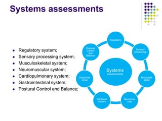 Systems assessments
 Regulatory system;
 Sensory processing system;
 Musculoskeletal system;
 Neuromuscular system;
 Cardiopulmonary system;
 Gastrointestinal system;
 Postural Control and Balance;
Systems
assessments
Regulatory
Sensory
processing
Musculosk
eletal
Neuromus
cular
Cardiopul
monary
Gastrointe
stinal
Postural
Control
and
Balance
 