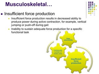 Musculoskeletal…
 Insufficient force production
 Insufficient force production results in decreased ability to
produce power during active contraction, for example, vertical
jumping or push-off during gait
 Inability to sustain adequate force production for a specific
functional task
Insufficient
force
production
Inadequate
number of
motor units
Hypo
extensibility
 