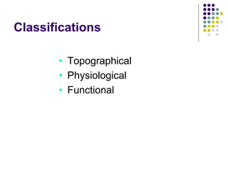 Classifications
• Topographical
• Physiological
• Functional
 