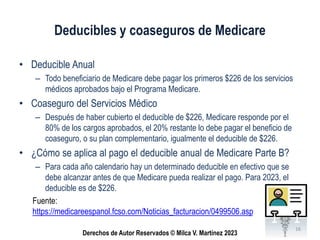 Derechos de Autor Reservados © Milca V. Martínez 2023
Deducibles y coaseguros de Medicare
• Deducible Anual
– Todo benefic...