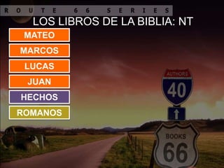 LOS LIBROS DE LA BIBLIA: NT
MATEO
MARCOS
LUCAS
JUAN
HECHOS
ROMANOS
 