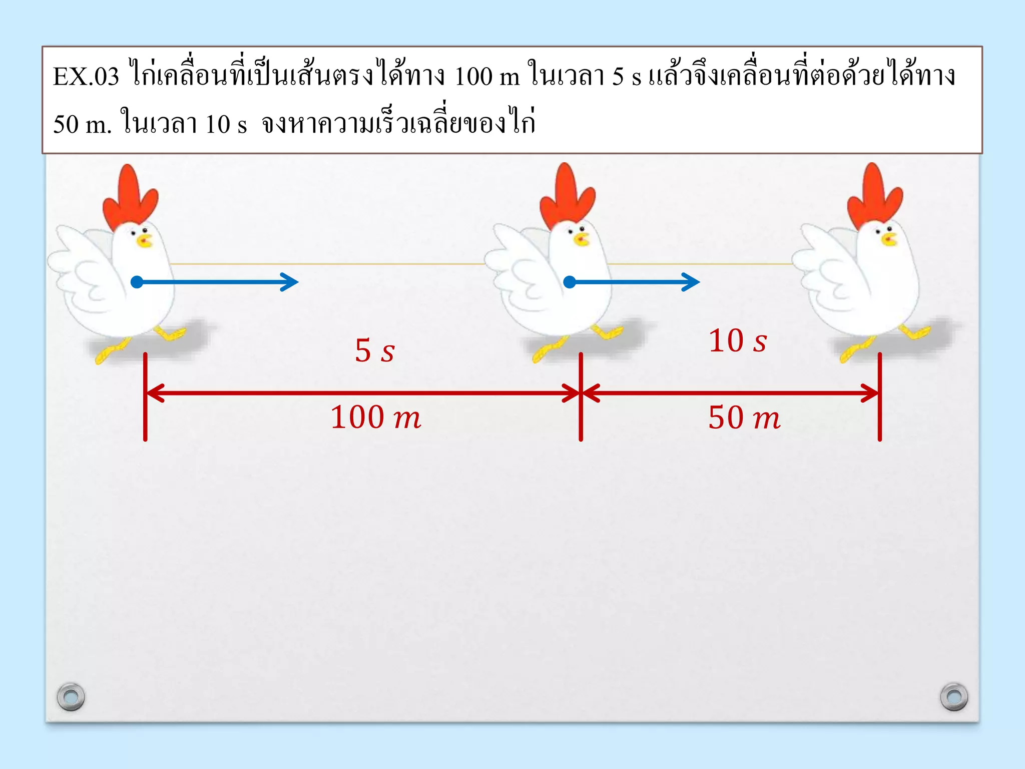 EX.03 ไก่เคลื่อนที่เป็นเส้นตรงได้ทาง 100 m ในเวลา 5 s แล้วจึงเคลื่อนที่ต่อด้วยได้ทาง
50 m. ในเวลา 10 s จงหาความเร็วเฉลี่ยของไก่
100 𝑚 50 𝑚
5 𝑠 10 𝑠
 