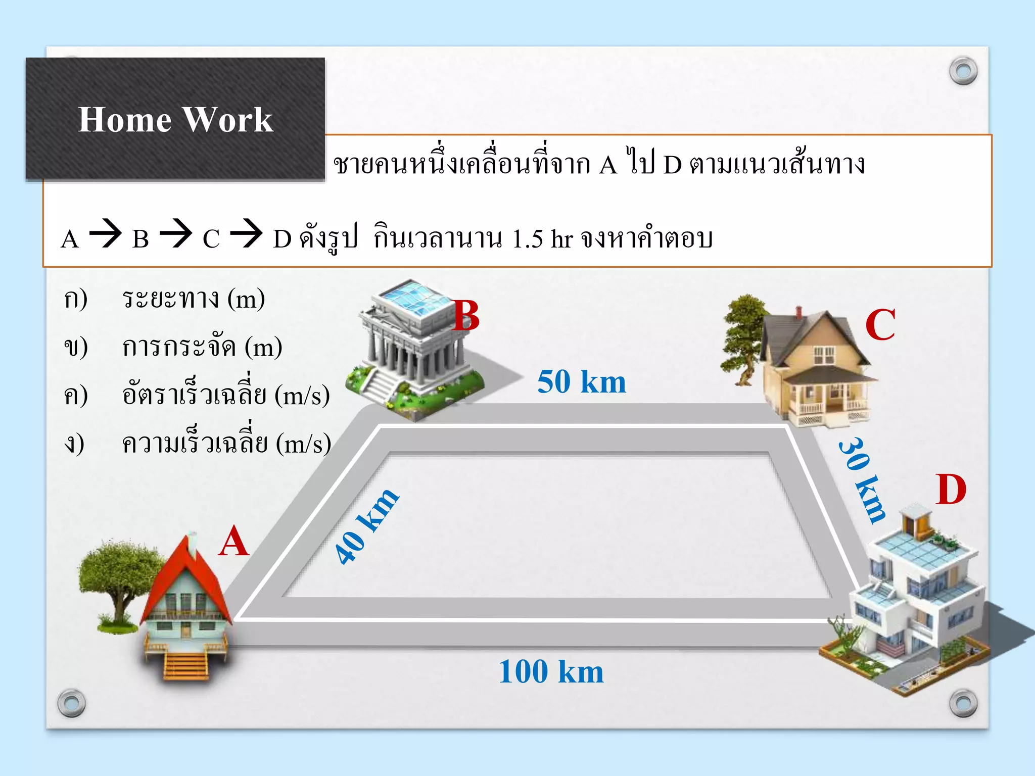 ชายคนหนึ่งเคลื่อนที่จาก A ไป D ตามแนวเส้นทาง
A  B  C  D ดังรูป กินเวลานาน 1.5 hr จงหาคาตอบ
Home Work
ก) ระยะทาง (m)
ข) การกระจัด (m)
ค) อัตราเร็วเฉลี่ย (m/s)
ง) ความเร็วเฉลี่ย (m/s)
50 km
100 km
A
B
D
C
 