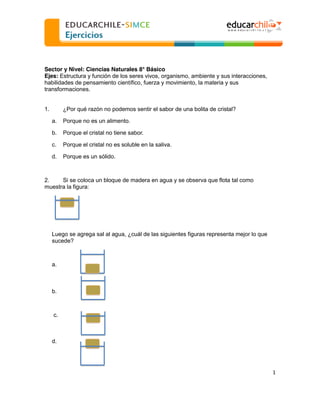  
  
Sector y Nivel: Ciencias Naturales 8° Básico
Ejes: Estructura y función de los seres vivos, organismo, ambiente y sus interacciones,
habilidades de pensamiento científico, fuerza y movimiento, la materia y sus
transformaciones.
1.

¿Por qué razón no podemos sentir el sabor de una bolita de cristal?
a.

Porque no es un alimento.

b.

Porque el cristal no tiene sabor.

c.

Porque el cristal no es soluble en la saliva.

d.

Porque es un sólido.

2.
Si se coloca un bloque de madera en agua y se observa que flota tal como
muestra la figura:

Luego se agrega sal al agua, ¿cuál de las siguientes figuras representa mejor lo que
sucede?

a.

b.

c.

d.

1  
  

 