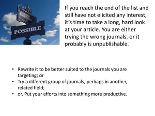 If you reach the end of the list and 
still have not elicited any interest, 
it’s time to take a long, hard look 
at your article. You are either 
trying the wrong journals, or it 
probably is unpublishable. 
• Rewrite it to be better suited to the journals you are 
targeting; or 
• Try a different group of journals, perhaps in another, 
related field; 
• or, Put your efforts into something more productive. 
 