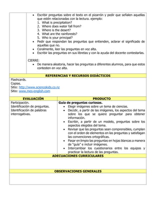 • Escribir preguntas sobre el texto en el pizarrón y pedir que señalen aquellas
que estén relacionadas con la lectura. ejemplo:
1. What is precipitation?
2. Where does water fall from?
3. Where is the desert?
4. What are the rainforests?
5. Who is your principal?
• Pedir que respondan las preguntas que entienden, aclarar el significado de
aquellas que no.
• Coralmente, leer las preguntas en voz alta.
• Escribir las preguntas en sus libretas y con la ayuda del docente contestarlas.
CIERRE:
• De manera aleatoria, hacer las preguntas a diferentes alumnos, para que estos
contesten en voz alta.
REFERENCIAS Y RECURSOS DIDÁCTICOS
Flashcards.
Copias.
Sitio: http://www.sciencekids.co.nz
Sitio: www.mes-english.com
EVALUACIÓN PRODUCTO
Participación.
Identificación de preguntas.
Identificación de palabras
interrogativas.
Guía de preguntas curiosas.
• Elegir imágenes sobre un tema de ciencias.
• Decidir, a partir de las imágenes, los aspectos del tema
sobre los que se quiere preguntar para obtener
información.
• Escribir, a partir de un modelo, preguntas sobre los
aspectos elegidos del tema.
• Revisar que las preguntas sean comprensibles, cumplan
con el orden de elementos en las preguntas y satisfagan
las convenciones ortográficas.
• Pasar en limpio las preguntas en hojas blancas a manera
de “guía” e incluir imágenes.
• Intercambiar los cuestionarios entre los equipos y
practicar la lectura de las preguntas.
ADECUACIONES CURRICULARES
OBSERVACIONES GENERALES
 