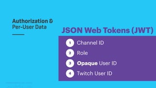 TwitchCon 2018 San Jose, California
JSON Web Tokens (JWT)
Opaque User ID
Channel ID
Role
Twitch User ID
1
2
3
4
Authorization &
Per-User Data
 