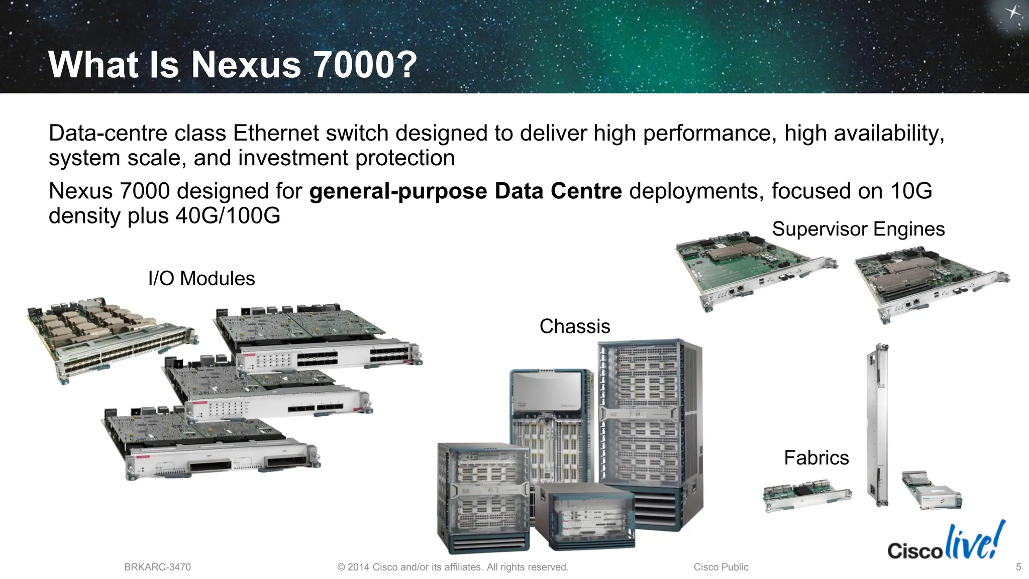 © 2014 Cisco and/or its affiliates. All rights reserved.
BRKARC-3470 Cisco Public 5
What Is Nexus 7000?
Data-centre class Ethernet switch designed to deliver high performance, high availability,
system scale, and investment protection
Nexus 7000 designed for general-purpose Data Centre deployments, focused on 10G
density plus 40G/100G
I/O Modules
Supervisor Engines
Fabrics
Chassis
 