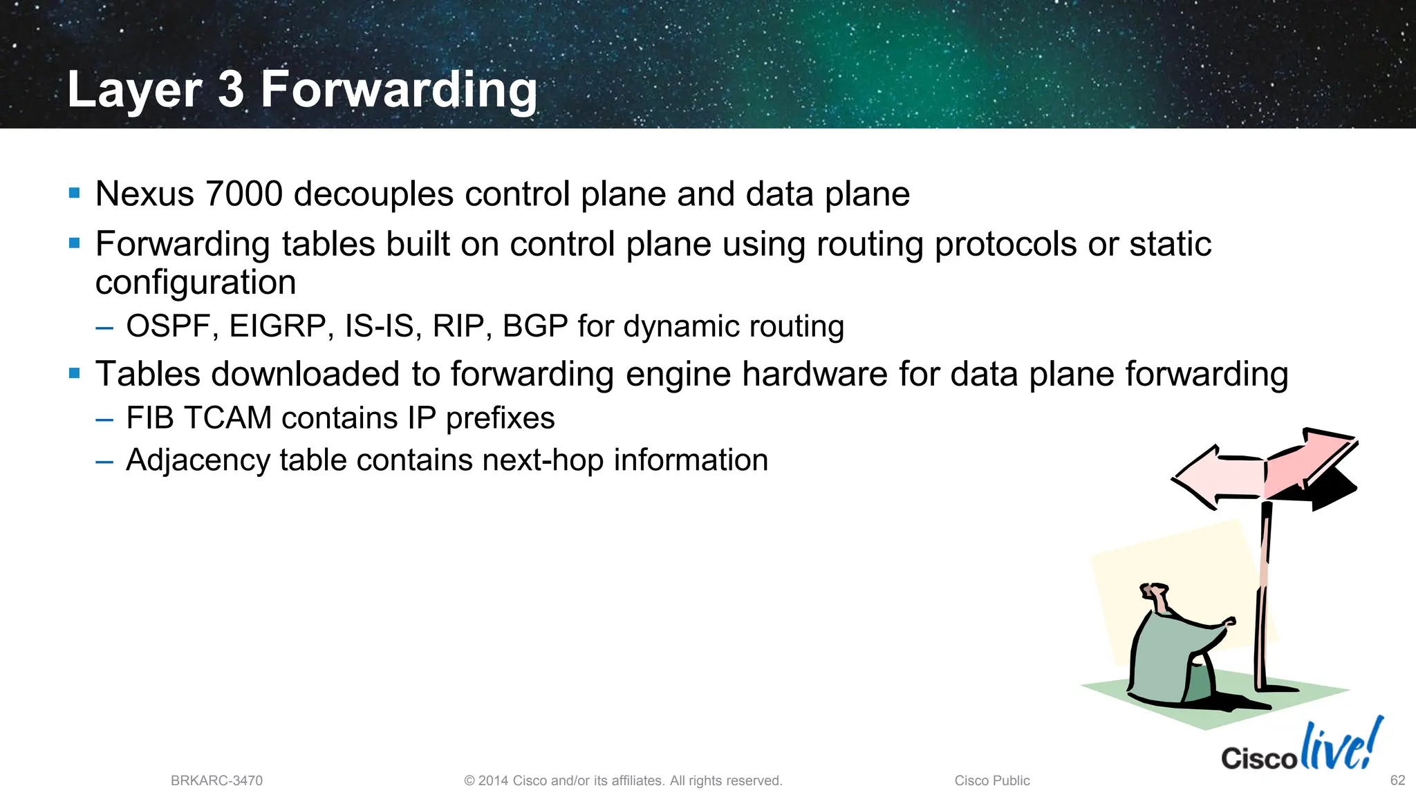 © 2014 Cisco and/or its affiliates. All rights reserved.
BRKARC-3470 Cisco Public 62
Layer 3 Forwarding
 Nexus 7000 decouples control plane and data plane
 Forwarding tables built on control plane using routing protocols or static
configuration
– OSPF, EIGRP, IS-IS, RIP, BGP for dynamic routing
 Tables downloaded to forwarding engine hardware for data plane forwarding
– FIB TCAM contains IP prefixes
– Adjacency table contains next-hop information
 