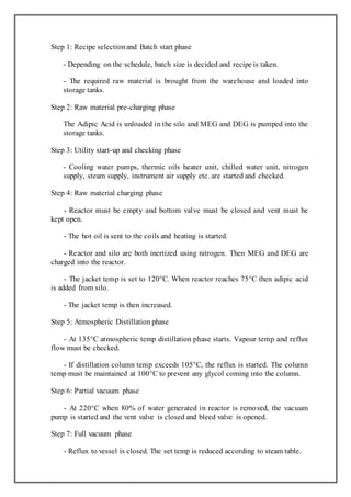 Step 1: Recipe selectionand Batch start phase
- Depending on the schedule, batch size is decided and recipe is taken.
- The required raw material is brought from the warehouse and loaded into
storage tanks.
Step 2: Raw material pre-charging phase
The Adipic Acid is unloaded in the silo and MEG and DEG is pumped into the
storage tanks.
Step 3: Utility start-up and checking phase
- Cooling water pumps, thermic oils heater unit, chilled water unit, nitrogen
supply, steam supply, instrument air supply etc. are started and checked.
Step 4: Raw material charging phase
- Reactor must be empty and bottom valve must be closed and vent must be
kept open.
- The hot oil is sent to the coils and heating is started.
- Reactor and silo are both inertized using nitrogen. Then MEG and DEG are
charged into the reactor.
- The jacket temp is set to 120°C. When reactor reaches 75°C then adipic acid
is added from silo.
- The jacket temp is then increased.
Step 5: Atmospheric Distillation phase
- At 135°C atmospheric temp distillation phase starts. Vapour temp and reflux
flow must be checked.
- If distillation column temp exceeds 105°C, the reflux is started. The column
temp must be maintained at 100°C to prevent any glycol coming into the column.
Step 6: Partial vacuum phase
- At 220°C when 80% of water generated in reactor is removed, the vacuum
pump is started and the vent valve is closed and bleed valve is opened.
Step 7: Full vacuum phase
- Reflux to vessel is closed. The set temp is reduced according to steam table.
 