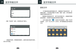 7    蓝牙传输文件                         7   蓝牙传输文件

                                    接收文件

                                      N7 接收其他设备传输的文件， 请直接向下拖动状态栏， 点
                                    触提示窗口， 并在弹出的窗口中点触“接收”选项， 即可接收其
                                    他蓝牙设备发送的文件。
                                      要查看已经接收的文件， 请下拉状态提示栏， 点触蓝牙接收
                                    成功的窗口，系统即可启动相关程序进行查看。

                                      也可以通过点触“       ”标签打开所有程序，点触“ES文件
      点触“发送到”选项，系统弹出如下窗口。           浏览器”，打开“bluetooth”文件夹，即可查看通过蓝牙接收的
                                    文件。




       点触蓝牙选项，再根据系统提示，选择已配对的蓝牙设备，
    进行文件传输。




                20                                   21
 