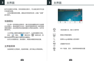 3    主界面                               3   主界面

    的开关放置在主界面 ， 您在使用的过程中 ， 可以通过调节开关进
    行快速的设置。
      这些设置的具体调整，请拖动所有程序标签->点触“设置”
    进行操作。



    快捷图标
      可以将一些常用的应用软件，通过设定快捷图标的方法放置
    在主界面上。具体的操作方法为，拖动所有程序标签->按住某应
    用程序图标，该应用程序自动被放置在主界面当前屏后，松开该
    图标即可。                                    添加快捷方式、窗口小部件等

      从主界面上删除快捷图标的方法如下，以浏览器图标为例。
      按住“　　”图标，“　　”图标变为“   ”的图 标时，将          更换主界面的壁纸
    图标拖到回收站位置即可删除该快捷图标。
      也可以长按图标后，拖动图标，将图标调整至其他位置。              使用Google搜索输入的关键字


                                             点触展开状态栏
    主界面菜单
                                             Wi-Fi连接、显示、语言等各参数的设置
      当前屏幕为主界面时，短按菜单键，即可调出主界面菜单。




                 10                                  11
 