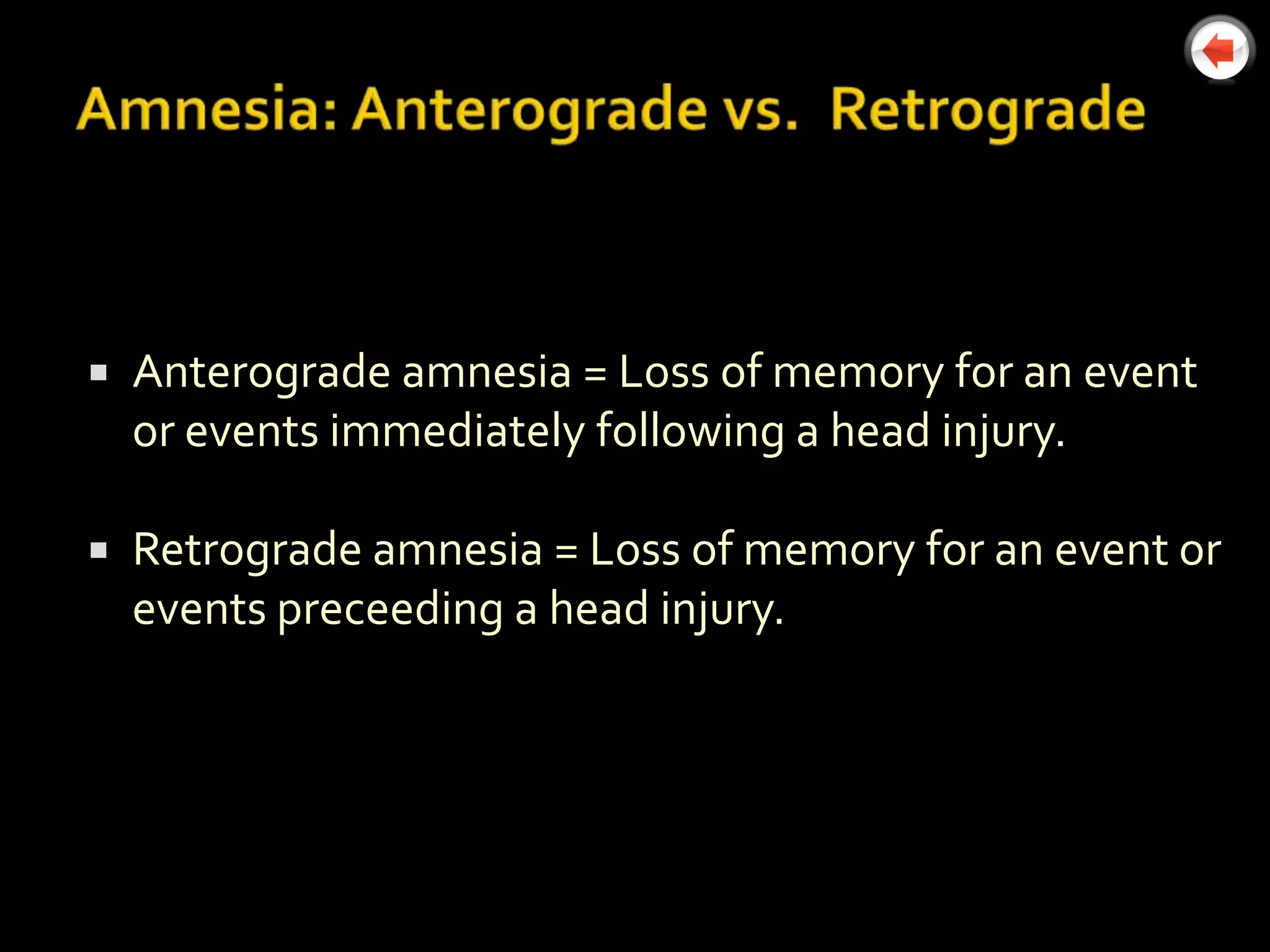    Anterograde amnesia = Loss of memory for an event
    or events immediately following a head injury.

   Retrograde amnesia = Loss of memory for an event or
    events preceeding a head injury.
 