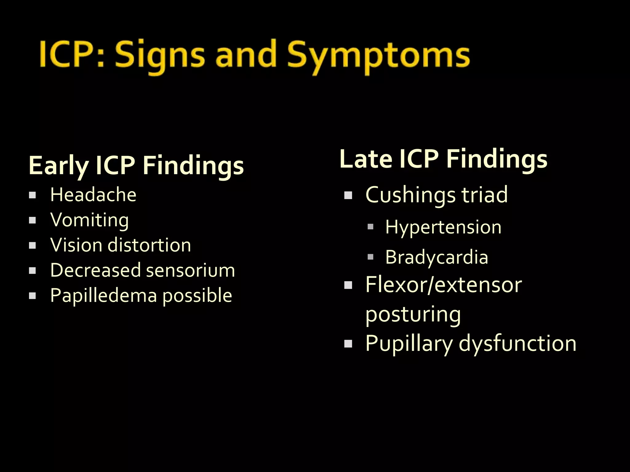 Early ICP Findings       Late ICP Findings
 Headache                  Cushings triad
 Vomiting                    Hypertension
 Vision distortion
                              Bradycardia
 Decreased sensorium
 Papilledema possible
                          Flexor/extensor
                           posturing
                          Pupillary dysfunction
 