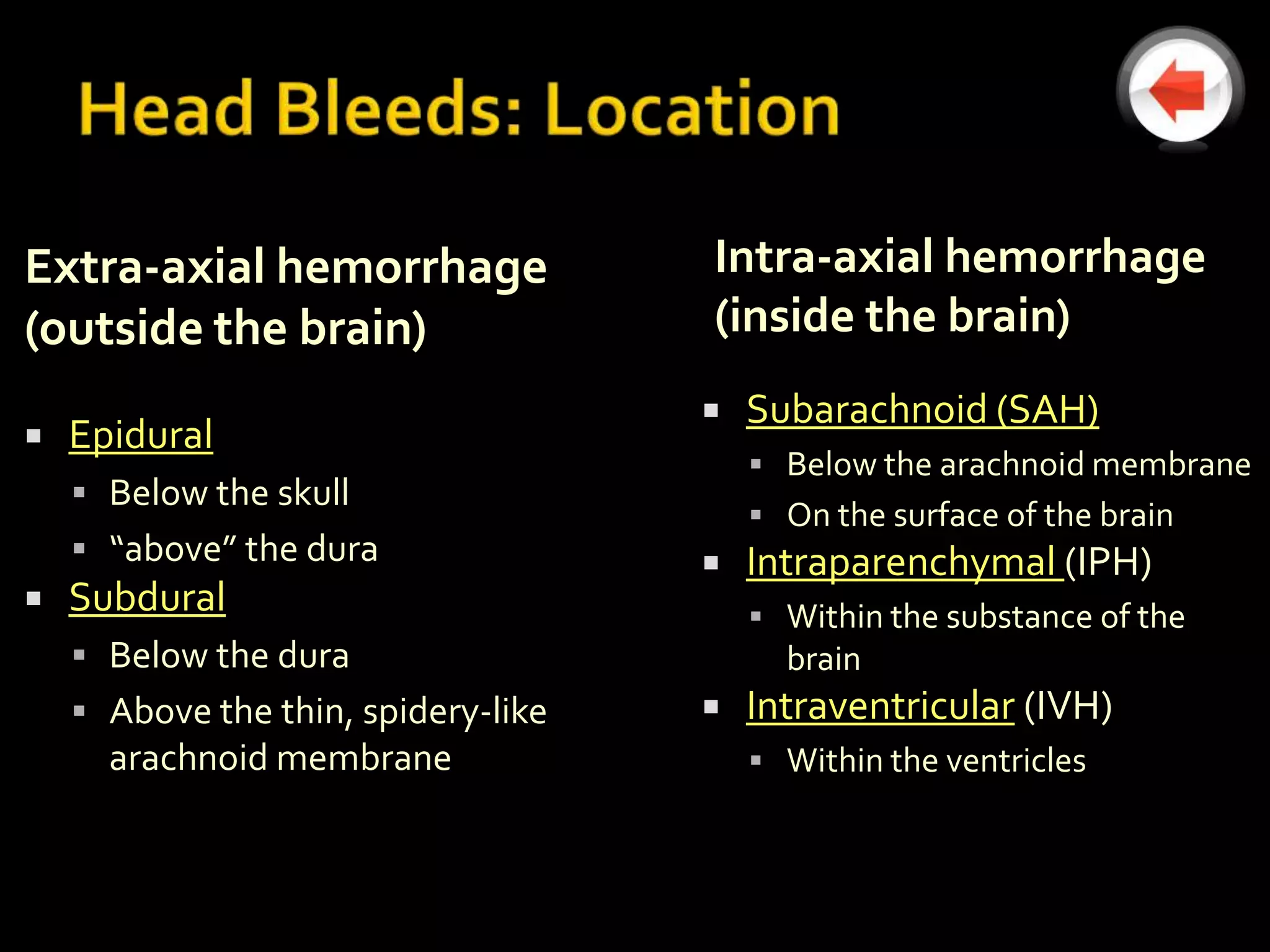 Extra-axial hemorrhage               Intra-axial hemorrhage
(outside the brain)                  (inside the brain)
                                        Subarachnoid (SAH)
   Epidural
                                          Below the arachnoid membrane
     Below the skull
                                          On the surface of the brain
     “above” the dura                  Intraparenchymal (IPH)
   Subdural                              Within the substance of the
     Below the dura                       brain
     Above the thin, spidery-like      Intraventricular (IVH)
      arachnoid membrane                  Within the ventricles
 