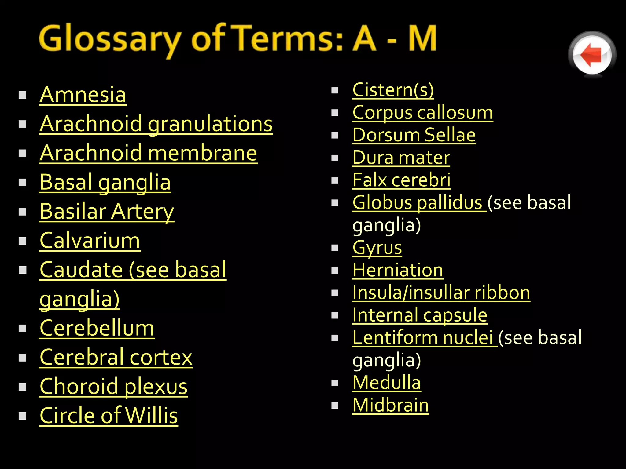    Amnesia                   Cistern(s)
                              Corpus callosum
   Arachnoid granulations    Dorsum Sellae
   Arachnoid membrane        Dura mater
   Basal ganglia             Falx cerebri
   Basilar Artery            Globus pallidus (see basal
                               ganglia)
   Calvarium                 Gyrus
   Caudate (see basal        Herniation
    ganglia)                  Insula/insullar ribbon
                              Internal capsule
   Cerebellum                Lentiform nuclei (see basal
   Cerebral cortex            ganglia)
   Choroid plexus            Medulla
                              Midbrain
   Circle of Willis
 
