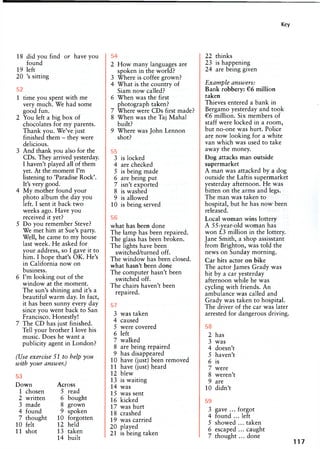 Key
18 did you find or have you
found
19 left
20 's sitting
52
1 time you spent with me
very much. We had some
good fun.
2 You left a big box of
chocolates for my parents.
Thank you. We've just
finished them - they were
delicious.
3 And thank you also for the
CDs. They arrived yesterday.
I haven't played all of them
yet. At the moment I'm
listening to 'Paradise Rock'.
It's very good.
4 My mother found your
photo album the day you
left. I sent it back two
weeks ago. Have you
received it yet?
5 Do you remember Steve?
We met him at Sue's party.
Well, he came to my house
last week. He asked for
your address, so I gave it to
him. I hope that's OK. He's
in California now on
business.
6 I'm looking out of the
window at the moment.
The sun's shining and it's a
beautiful warm day. In fact,
it has been sunny every day
since you went back to San
Francisco. Honestly!
7 The CD has just finished.
Tell your brother I love his
music. Does he want a
publicity agent in London?
(Use exercise SI to help you
with your answer.)
53
Down
1
2
chosen
written
3 made
4 found
7 thought
10 felt
11 shot
Across
5 read
6 bought
8 grown
9 spoken
10 forgotten
12 held
13 taken
14 built
67
2 How many languages are
spoken in the world?
3 Where is coffee grown?
4 What is the country of
Siam now called?
6 When was the first
photograph taken?
7 Where were CDs first made?
8 When was the Taj Mahal
built?
9 Where was John Lennon
shot?
55
3
4
5
6
is locked
are checked
is being made
are being put
7 isn't exported
8 is washed
9 is allowed
10 is being served
56
what has been done
The lamp has been repaired.
The glass has been broken.
The lights have been
switched/turned off.
The window has been closed,
what hasn't been done
The computer hasn't been
switched off.
The chairs haven't been
repaired.
57
3 was taken
4 caused
5 were covered
6 left
7 walked
8 are being repaired
9 has disappeared
10 have (just) been removed
11 have (just) heard
12 blew
13 is waiting
14 was
15 was sent
16 kicked
17 was hurt
18 crashed
19 was carried
20 played
21 is being taken
22 thinks
23 is happening
24 are being given
Example answers:
Bank robbery: € 6 million
taken
Thieves entered a bank in
Bergamo yesterday and took
€6 million. Six members of
staff were locked in a room,
but no-one was hurt. Police
are now looking for a white
van which was used to take
away the money.
Dog attacks man outside
supermarket
A man was attacked by a dog
outside the Laftis supermarket
yesterday afternoon. He was
bitten on the arms and legs.
The man was taken to
hospital, but he has now been
released.
Local woman wins lottery
A 55-year-old woman has
won £3 million in the lottery.
Jane Smith, a shop assisstant
from Brighton, was told the
news on Sunday morning.
Car hits actor on bike
The actor James Grady was
hit by a car yesterday
afternoon while he was
cycling with friends. An
ambulance was called and
Grady was taken to hospital.
The driver of the car was later
arrested for dangerous driving.
58
2 has
3 was
4 doesn't
5 haven't
6 is
7 were
8 weren't
9 are
10 didn't
59
3 gave ... forgot
4 found .. . left
5 showed ... taken
6 escaped ... caught
7 thought ... done
117
 