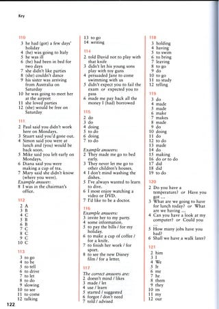 Key
110
3 he had (got) a few days'
holiday
4 (he) was going to Italy
5 he was ill
6 (he) had been in bed for
two days
7 she didn't like parties
8 (she) couldn't dance
9 his sister was arriving
from Australia on
Saturday
10 he was going to meet her
at the airport
11 she loved parties
12 (she) would be free on
Saturday
111
2 Paul said you didn't work
here on Mondays.
3 Stuart said you'd gone out.
4 Simon said you were at
lunch and (you) would be
back soon.
5 Mike said you left early on
Mondays.
6 Diana said you were
making a cup of tea.
7 Mary said she didn't know
(where you were).
Example answer:
8 I was in the chairman's
office.
112
2 A
3 B
4 C
5 B
6 B
7 C
8 C
9 C
10 C
113
3 to go
4 to be
5 to tell
6 to drive
7 to let
8 to do
9 slowing
10 to see
11 to come
12 talking
122
13 to go
14 writing
114
2. told David not to play with
that knife
3 didn't let his young sons
play with toy guns
4 persuaded Jane to come
swimming with us
5 didn't expect you to fail the
exam or expected you to
pass
6 made me pay back all the
money I (had) borrowed
11 5
2 do
3 do
4 doing
5 to do
6 doing
7 to do
Example answers:
2 They made me go to bed
early.
3 They never let me go to
other children's houses.
4 I don't mind washing the
dishes.
5 I've always wanted to learn
to dive.
6 I most enjoy watching a
video or DVD.
7 I'd like to be a doctor.
116
Example answers:
3 invite her to my party.
4 some information.
5 to pay the bills / for my
holiday.
6 to make a cup of coffee /
for a knife.
7 to finish her work / for
sport.
8 to see the new Disney
film / for a letter.
117
The correct answers are:
2 doesn't mind / likes
3 made / let
4 use / learn
5 started / suggested
6 forgot / don't need
7 told / advised
173
3 holding
4 having
5 to swim
6 to bring
7 leaving
8 to go
9 do
10 to go
11 to study
12 telling
119
3 do
4 made
5 made
6 make
7 makes
8 made
9 do
10 doing
11 do
12 to do
13 made
14 do
15 making
16 do or to do
17 did
18 did
19 to do
120
2 Do you have a
temperature? or Have you
got ...
3 What are we going to have
for lunch today? or What
are we having ...
4 Can you have a look at my
computer? or Could you
5 How many jobs have you
had?
6 Shall we have a walk later?
121
2 him
3 I
4 We
5 It
6 me
7 he
8 them
9 they
10 its
11 my
12 our
 