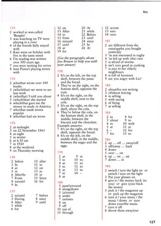 Key
173
2 worked in was called
'Bangles'
3 was watching on TV were
playing in a river
4 of the friends Sally stayed
with
5 Kate went on holiday with
live in the same street
6 I'm reading was written
over 300 years ago
7 you were waiting for arrive
8 man Fiona's playing tennis
with
174
2 who/that wrote over 100
books
3 (which/that) we went to see
last week
4 (who/that) I told you about
5 (which/that) she started
6 which/that gave me the
money to study in America
7 who/that made tennis
popular
8 who/that had six wives
175
2 at midnight
3 on 22 November 1963
4 at night
5 in winter
6 at 6.30 am
7 in 1920
8 at the weekend
9 on Thursday morning
176
2 before 10 after
3 In 11 in
4 at 12 on
5 in 13 in
6 After/In 14 in
7 From 15 Since
8 to/until 16 for
9 In
177
2 to/until 7 before
3 During 8 since
4 After 9 until
5 while
6 for
12 on 20 At
13 After 21 while
14 in 22 Before
15 from 23 until
16 to/until 24 since
17 until 25 In
18 at 26 At
19 for
(Use the paragraphs about
Jess Brewer to help you with
your answer)
178
2 It's on the left, on the top
shelf, between the pasta
and the bread.
3 They're on the right, on the
bottom shelf, opposite the
nuts.
4 It's on the right, on the
middle shelf, next to the
cola.
5 It's on the right, on the top
shelf, above the cola.
6 They're below the cola, on
the bottom shelf, in the
middle, between the
biscuits and the chocolate.
Example answers:
7 It's on the right, on the top
shelf, opposite the bread.
8 It's on the left, on the
middle shelf, in the middle,
between the sugar and the
eggs.
179
2 at 9 in
3 in 10 to
4 at 11 to
5 to 12 to
6 at 13 to
7 in 14 -
8 at
180
3 past/(a)round
4 along/down
5 (a)round
6 under
7 on/onto
8 on
9 off
10 out of
11 through
12 across
13 into
14 over
181
2 are different from the
ones/apples you bought
yesterday
3 'm not interested in rugby
4 'm fed up with (the) rain
5 is afraid of storms
6 isn't very good at cooking
7 is nice to her elderly
neighbours
8 is full of furniture
9 are you angry with Liz?
182
2 about/for not writing
3 of/about leaving
4 in selling
5 with saying
6 of being
7 at selling
183
2 to
3 about
4 to
5 at
6 -
7 for
184
2 up ... off ... away/off
3 off/away ... back
4 down
5 over ... on
6 up ... on ... up
7 down ... in
185
2 switch / turn the light on or
switch / turn on the light
3 Put your glasses on
4 give it / the money back (to
you) or give (you) back
the money
5 pick it / the magazine up
or pick up the magazine
6 turn it / your music / the
music / down or turn
down your/the music
7 turn it off
8 throw them away/out
8 for
9 to
10 with
11 at
12 for
13 to
127
 