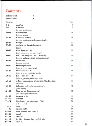 Contents
To the student v
To the teacher v
Exercises
1 - 5 am/is/are
6 - 9 I am doing
(present continuous)
1 0 - 1 4 I do/work/like
(present simple)
1 5 - 1 9 I am doing and I do
(present continuous and present simple)
2 0 - 2 1 have got
2 2 - 2 9 was/were and I worked/got/went
(past)
3 0 - 3 2 I was doing and I did
(past continuous and past simple)
3 3 - 3 5 I do / I am doing and I did / I was doing
(present and past, simple and continuous)
3 6 - 3 9 I have done
(present perfect)
4 0 - 4 3 How long have you ... ?
(present perfect questions)
4 4 - 4 9 I have done and I did
(present perfect and past simple)
5 0 - 5 2 I do / I have done / I did
(present, present perfect and past)
5 3 - 5 7 is done / was done and is being done / has been don
(passive)
5 8 - 6 0 be/have/do and regular/irregular verbs
(verb forms)
61 - 6 3 What are you doing tomorrow?
(the future: present tenses)
6 4 - 6 6 I'm going to do
6 7 - 7 0 will/shall
71 - 7 4 I am doing / I am going to do / I'll do
(future forms)
7 5 - 7 6 might
7 7 - 8 0 can and could
8 1 - 8 2 must mustn't don't need to
8 3 - 8 5 should
8 6 - 8 7 I have to
8 8 - 9 0 Do this! Don't do that! Let's do this!
9 1 - 9 2 I used to
 