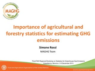 Importance of agricultural and
forestry statistics for estimating GHG
emissions
Simone Rossi
MAGHG Team

Third FAO Regional Workshop on Statistics for Greenhouse Gas Emissions
Casablanca, Morocco, 2-3 December 2013

 