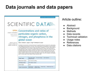 Data journals and data papers
Article outline:
● Abstract
● Background
● Methods
● Data records
● Technical validation
● Usage notes
● References
● Data citations
 
