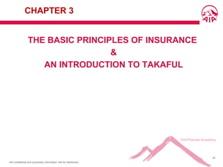 AIA confidential and proprietary information. Not for distribution.
20
CHAPTER 3
THE BASIC PRINCIPLES OF INSURANCE
&
AN INTRODUCTION TO TAKAFUL
 