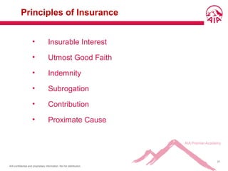 AIA confidential and proprietary information. Not for distribution.
21
Principles of Insurance
• Insurable Interest
• Utmost Good Faith
• Indemnity
• Subrogation
• Contribution
• Proximate Cause
 