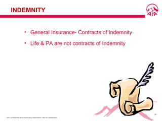 AIA confidential and proprietary information. Not for distribution.
26
INDEMNITY
• General Insurance- Contracts of Indemnity
• Life & PA are not contracts of Indemnity
 