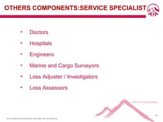 AIA confidential and proprietary information. Not for distribution.
36
OTHERS COMPONENTS:SERVICE SPECIALIST
• Doctors
• Hospitals
• Engineers
• Marine and Cargo Surveyors
• Loss Adjuster / Investigators
• Loss Assessors
 