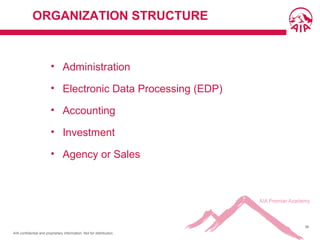 AIA confidential and proprietary information. Not for distribution.
38
ORGANIZATION STRUCTURE
• Administration
• Electronic Data Processing (EDP)
• Accounting
• Investment
• Agency or Sales
 