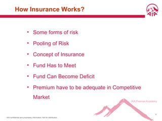 AIA confidential and proprietary information. Not for distribution.
4
How Insurance Works?
• Some forms of risk
• Pooling of Risk
• Concept of Insurance
• Fund Has to Meet
• Fund Can Become Deficit
• Premium have to be adequate in Competitive
Market
 