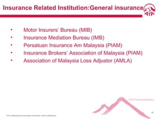 AIA confidential and proprietary information. Not for distribution.
40
Insurance Related Institution:General insurance
• Motor Insurers’ Bureau (MIB)
• Insurance Mediation Bureau (IMB)
• Persatuan Insurance Am Malaysia (PIAM)
• Insurance Brokers’ Association of Malaysia (PIAM)
• Association of Malaysia Loss Adjustor (AMLA)
 