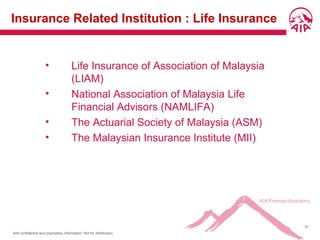 AIA confidential and proprietary information. Not for distribution.
41
Insurance Related Institution : Life Insurance
• Life Insurance of Association of Malaysia
(LIAM)
• National Association of Malaysia Life
Financial Advisors (NAMLIFA)
• The Actuarial Society of Malaysia (ASM)
• The Malaysian Insurance Institute (MII)
 