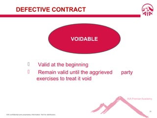 AIA confidential and proprietary information. Not for distribution.
51
DEFECTIVE CONTRACT
 Valid at the beginning
 Remain valid until the aggrieved party
exercises to treat it void
VOIDABLEVOIDABLE
 