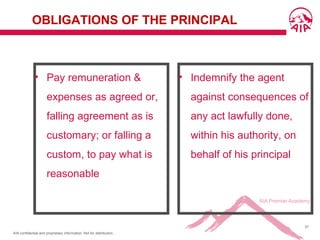 AIA confidential and proprietary information. Not for distribution.
57
OBLIGATIONS OF THE PRINCIPAL
• Pay remuneration &
expenses as agreed or,
falling agreement as is
customary; or falling a
custom, to pay what is
reasonable
• Indemnify the agent
against consequences of
any act lawfully done,
within his authority, on
behalf of his principal
 