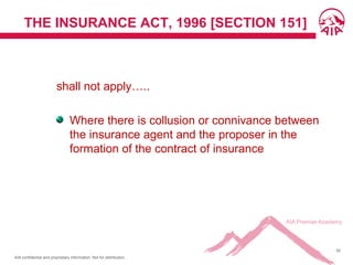 AIA confidential and proprietary information. Not for distribution.
62
THE INSURANCE ACT, 1996 [SECTION 151]
shall not apply…..
Where there is collusion or connivance between
the insurance agent and the proposer in the
formation of the contract of insurance
 