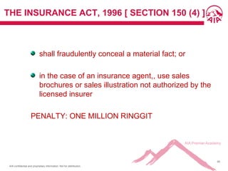 AIA confidential and proprietary information. Not for distribution.
65
THE INSURANCE ACT, 1996 [ SECTION 150 (4) ]
shall fraudulently conceal a material fact; or
in the case of an insurance agent,, use sales
brochures or sales illustration not authorized by the
licensed insurer
PENALTY: ONE MILLION RINGGIT
 