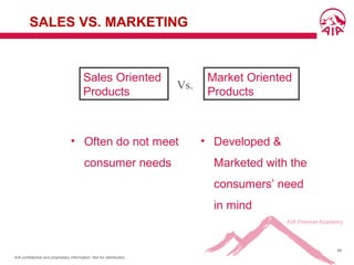 AIA confidential and proprietary information. Not for distribution.
69
SALES VS. MARKETING
• Often do not meet
consumer needs
• Developed &
Marketed with the
consumers’ need
in mind
Sales Oriented
Products
Market Oriented
Products
Vs.
 