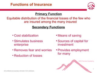 AIA confidential and proprietary information. Not for distribution.
7
Functions of Insurance
Primary Function
Equitable distribution of the financial losses of the few who
are insured among the many insured
Secondary Functions
• Cost stabilization
• Stimulates business
enterprise
• Removes fear and worries
• Reduction of losses
•Means of saving
•Sources of capital for
investment
•Provides employment
for many
 