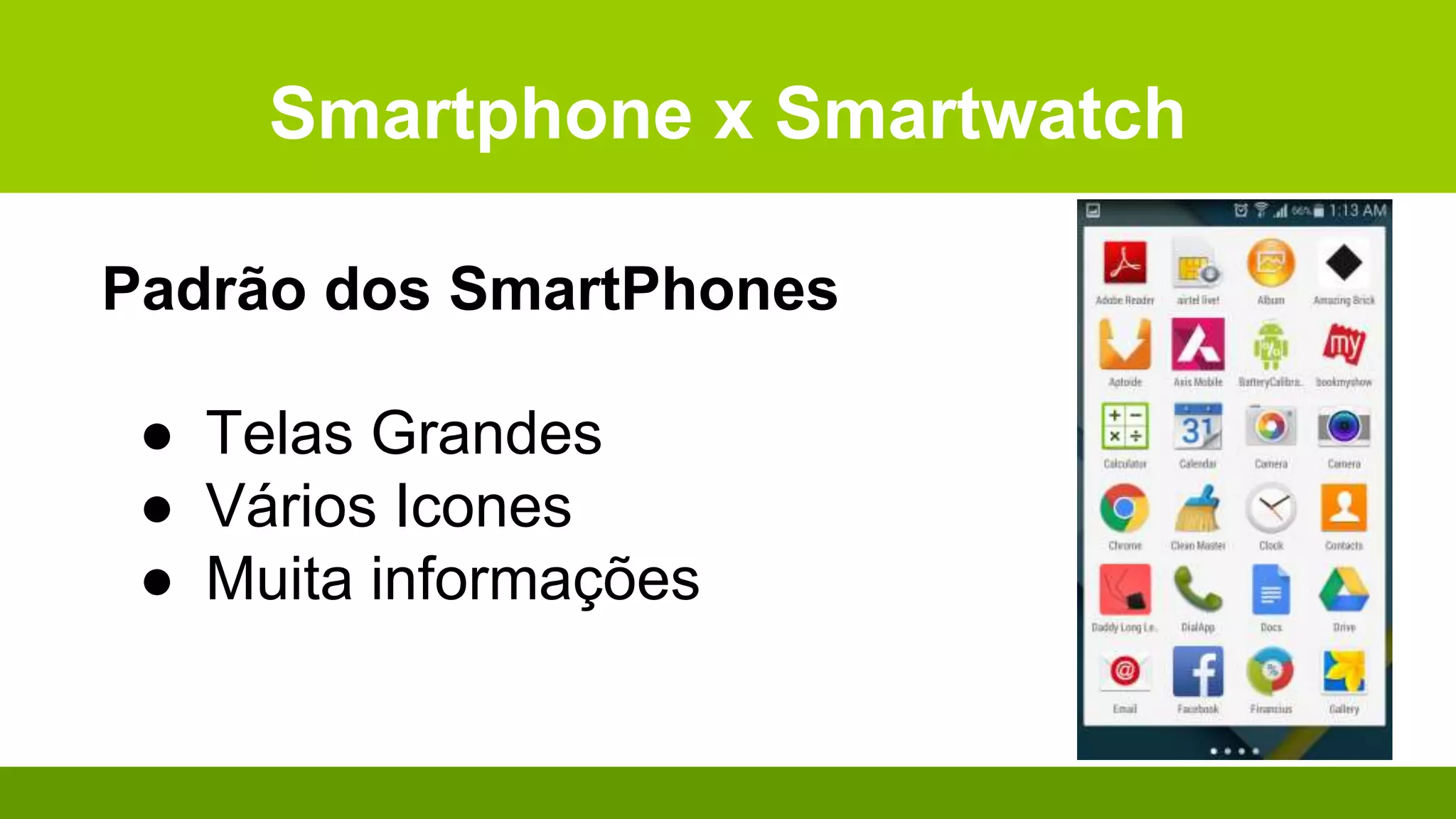 Smartphone x Smartwatch
Padrão dos SmartPhones
● Telas Grandes
● Vários Icones
● Muita informações
 