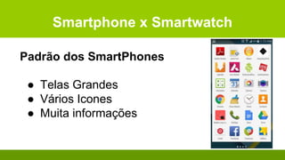 Smartphone x Smartwatch
Padrão dos SmartPhones
● Telas Grandes
● Vários Icones
● Muita informações
 