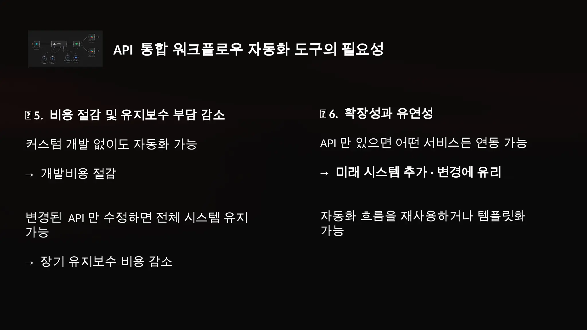 ✅ 6. 확장성과 유연성
API 만 있으면 어떤 서비스든 연동 가능
→ 미래 시스템 추가 · 변경에 유리
자동화 흐름을 재사용하거나 템플릿화
가능
✅ 5. 비용 절감 및 유지보수 부담 감소
커스텀 개발 없이도 자동화 가능
→ 개발비용 절감
변경된 API 만 수정하면 전체 시스템 유지
가능
→ 장기 유지보수 비용 감소
API 통합 워크플로우 자동화 도구의 필요성
 
