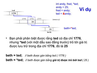 Ví dụ
• Bạn phải phân biệt được rằng ted có địa chỉ 1776,
nhưng *ted (với một dấu sao đằng trước) trỏ tới giá trị
được lưu trữ trong địa chỉ 1776, đó là 25
beth = ted; // beth được gán bằng ted ( 1776 )
beth = *ted; // beth được gán bằng giá trị được trỏ bởi ted ( 25 )
int andy, fred, *ted;
andy = 25;
fred = andy;
ted = &andy;
beth=*ted;
 