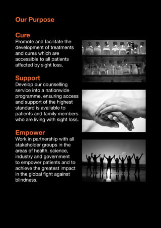 11 
Our Purpose 
Cure 
Promote and facilitate the 
development of treatments 
and cures which are 
accessible to all patients 
affected by sight loss. 
Support 
Develop our counselling 
service into a nationwide 
programme, ensuring access 
and support of the highest 
standard is available to 
patients and family members 
who are living with sight loss. 
Empower 
Work in partnership with all 
stakeholder groups in the 
areas of health, science, 
industry and government 
to empower patients and to 
achieve the greatest impact 
in the global fight against 
blindness. 
 