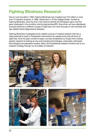 Fighting Blindness Research 
Since it was founded in 1983, Fighting Blindness has invested over €15 million in more 
than 70 research projects. In 1989, researchers in Trinity College Dublin, funded by 
Fighting Blindness, were the first in the world to identify the Rhodopsin gene, the first 
gene implicated in the condition retinitis pigmentosa (RP). Since then we have relentlessly 
pursued solutions to different causes of sight loss. Our work focuses on rare inherited and 
age-related retinal degenerative diseases. 
Fighting Blindness investigates every realistic avenue of medical research that has a 
clear potential to result in therapeutic interventions for people living with all forms of 
sight loss. Over the past number of years, we have broadened our scope from funding 
genetic research to looking at new and emerging technologies, particularly cell-based 
technologies and population studies. Basic and translational research remains key to our 
research strategy through our five pillars of research. 
30 
 